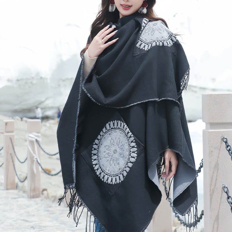 Tibetan Geometric Mandala Shawl with Pockets Tibetan Geometric Mandala Shawl with Pockets