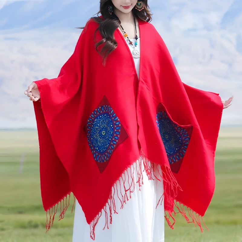 Tibetan Geometric Mandala Shawl with Pockets Tibetan Geometric Mandala Shawl with Pockets