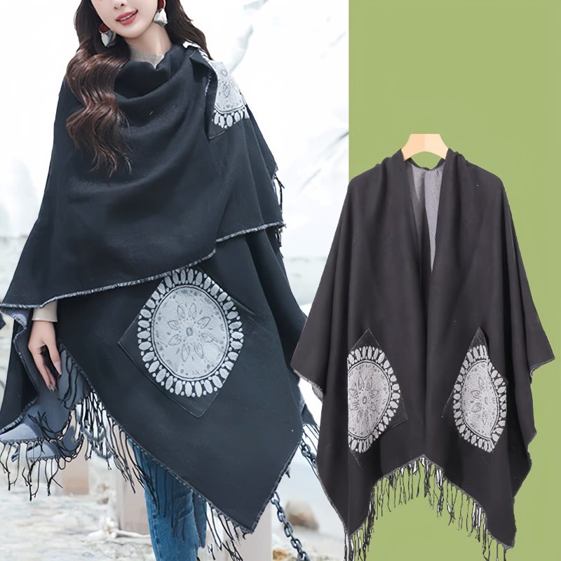 Tibetan Geometric Mandala Shawl with Pockets Tibetan Geometric Mandala Shawl with Pockets