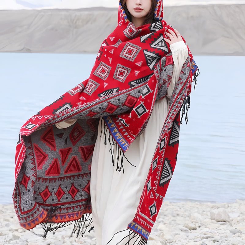 Tibetan Triangle Pattern Hooded Shawl Tibetan Triangle Pattern Hooded Shawl