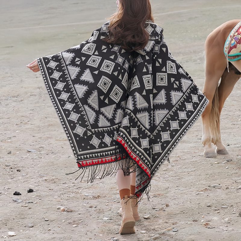 Tibetan Triangle Pattern Hooded Shawl Tibetan Triangle Pattern Hooded Shawl