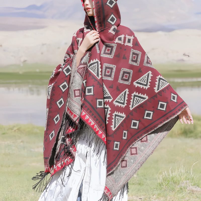 Tibetan Triangle Pattern Hooded Shawl Tibetan Triangle Pattern Hooded Shawl