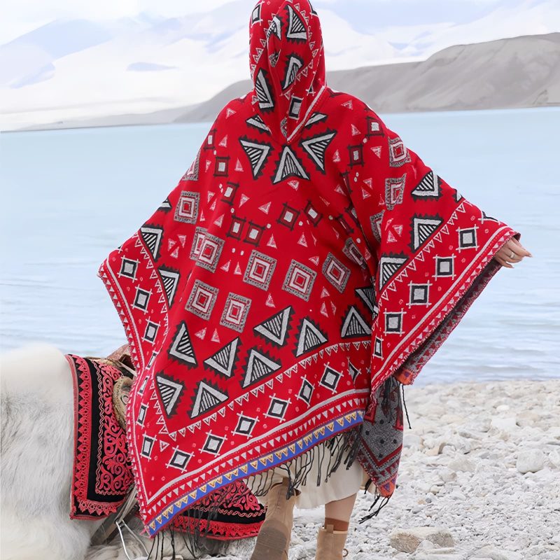 Tibetan Triangle Pattern Hooded Shawl Tibetan Triangle Pattern Hooded Shawl