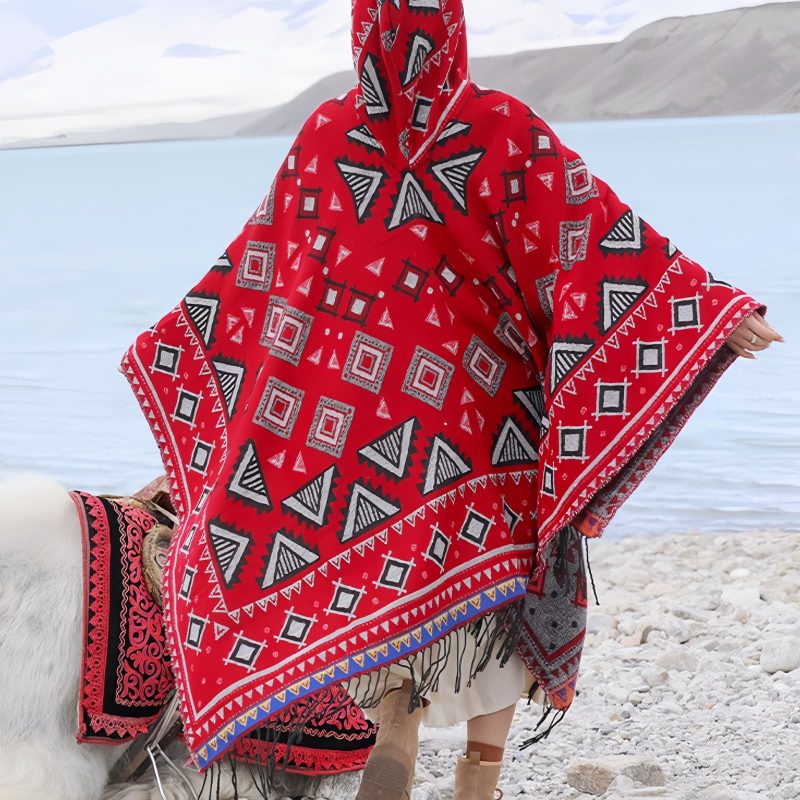 Tibetan Triangle Pattern Hooded Shawl Tibetan Triangle Pattern Hooded Shawl