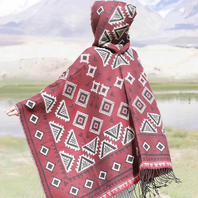 Tibetan Triangle Pattern Hooded Shawl Tibetan Triangle Pattern Hooded Shawl