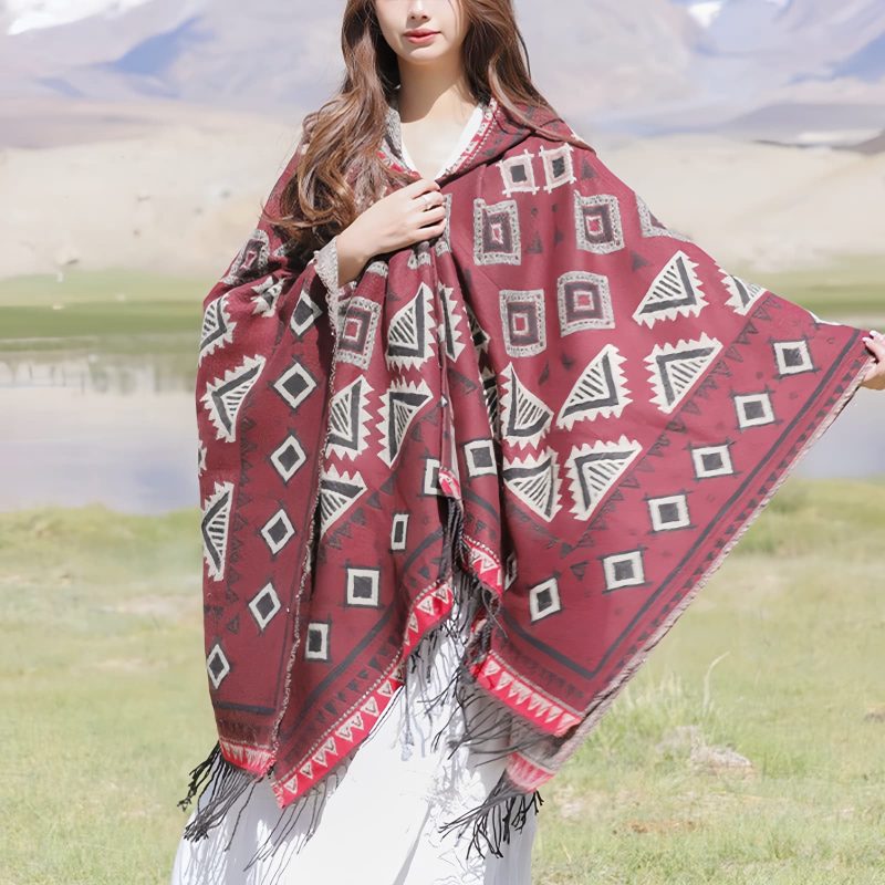 Tibetan Triangle Pattern Hooded Shawl Tibetan Triangle Pattern Hooded Shawl