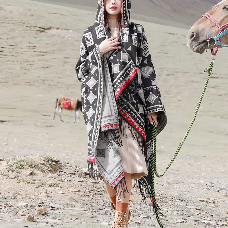 Tibetan Triangle Pattern Hooded Shawl Tibetan Triangle Pattern Hooded Shawl