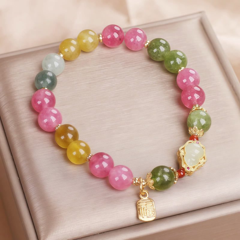Pulsera de Turmalina y Jade con Símbolo Fu Tourmaline Fu Character Love Bracelet
