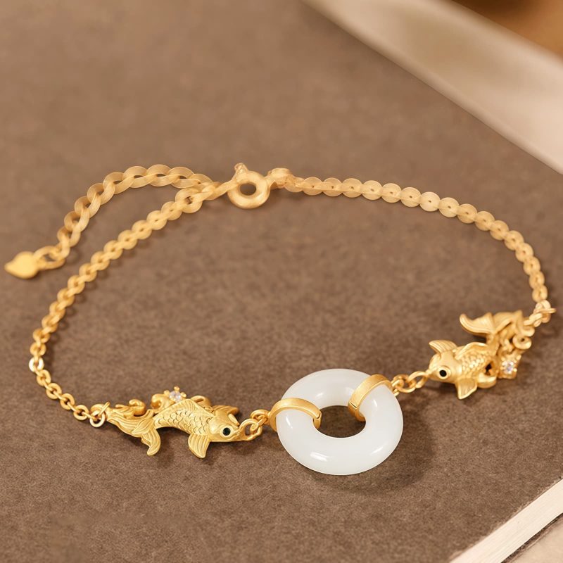 Pulsera de la Prosperidad en Jade Blanco y Pez Koi White Jade Koi Fish Wealth Bracelet