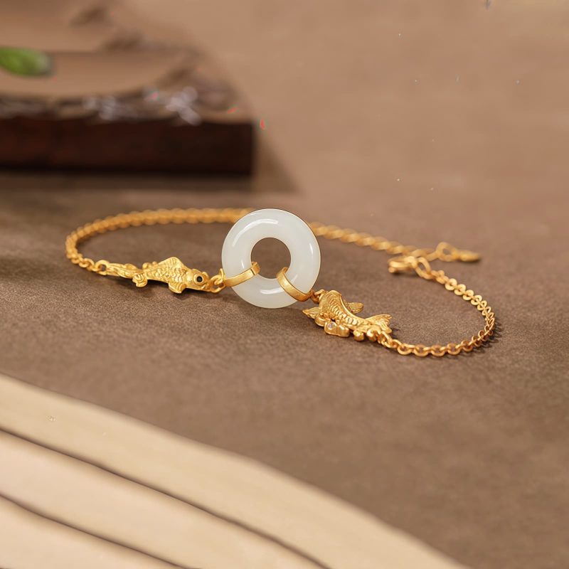 Pulsera de la Prosperidad en Jade Blanco y Pez Koi White Jade Koi Fish Wealth Bracelet