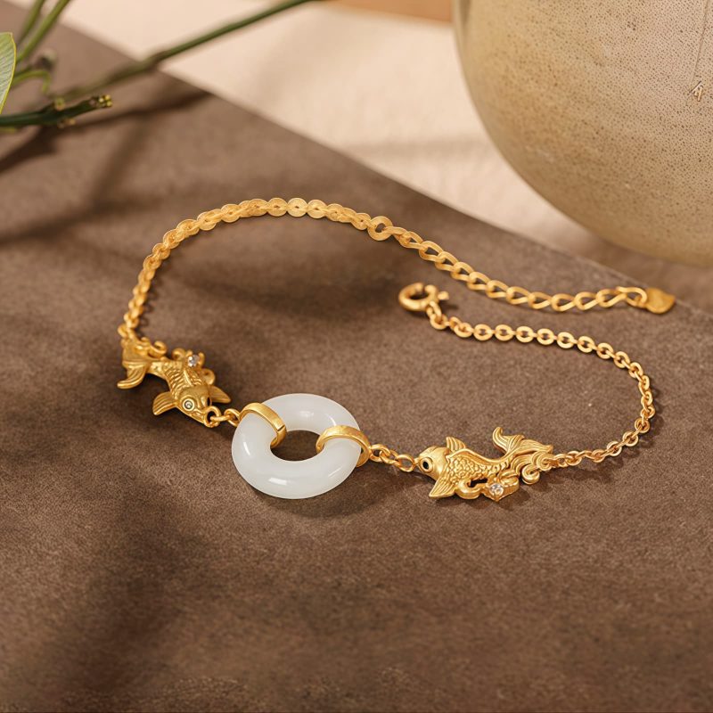 Pulsera de la Prosperidad en Jade Blanco y Pez Koi White Jade Koi Fish Wealth Bracelet