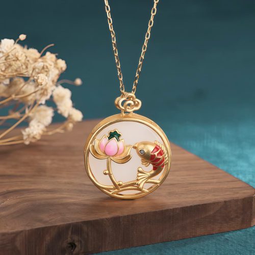 White Jade Koi Lotus Pendant Necklace