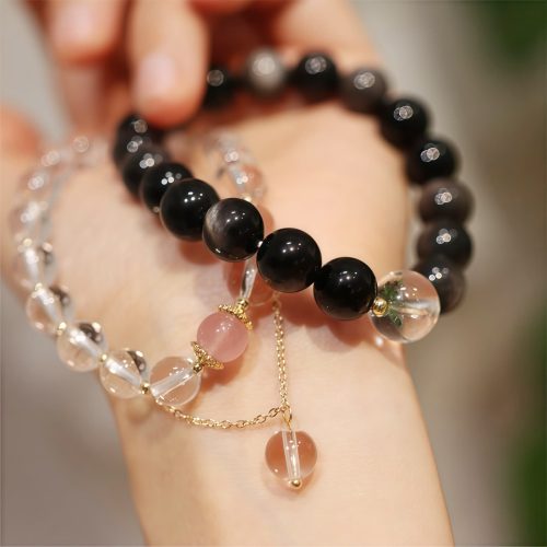 銀の輝きオニキスとクリスタル Yin Yang ペアブレスレット