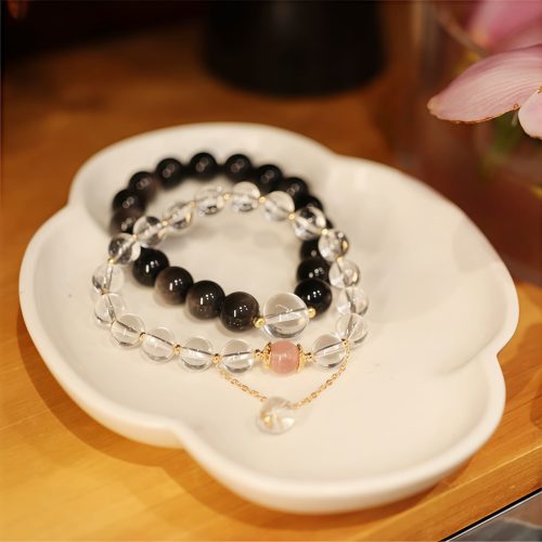 銀の輝きオニキスとクリスタル Yin Yang ペアブレスレット