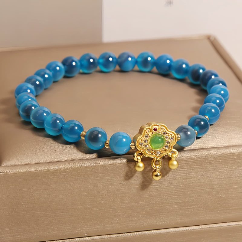 Pulsera de Ágata Azul Caramelo con Amuleto de Candado Chino Blue Candy Agate Chinese Lock Charm Bracelet