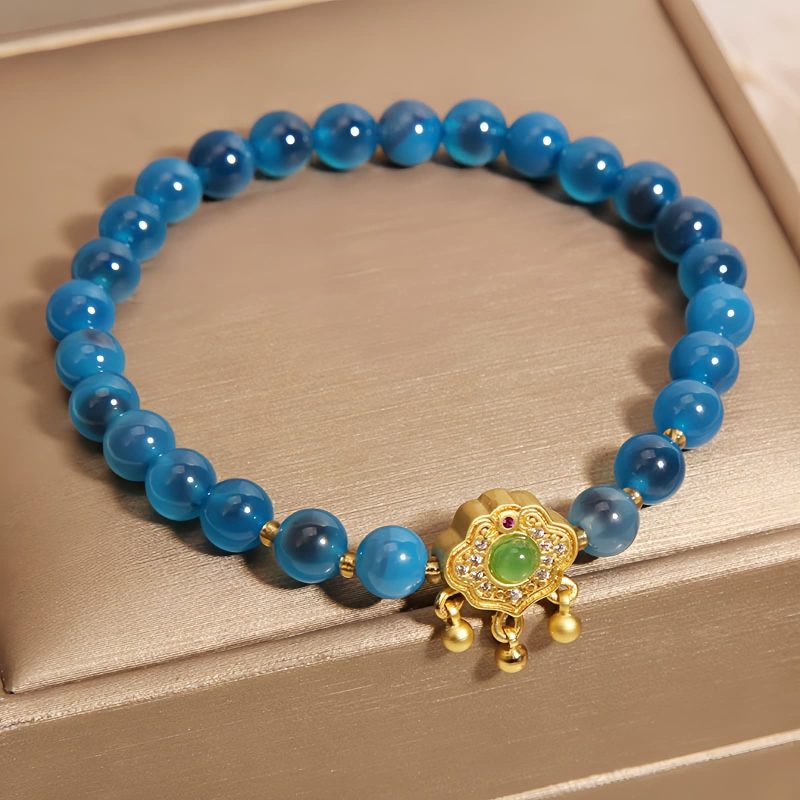 Pulsera de Ágata Azul Caramelo con Amuleto de Candado Chino Blue Candy Agate Chinese Lock Charm Bracelet
