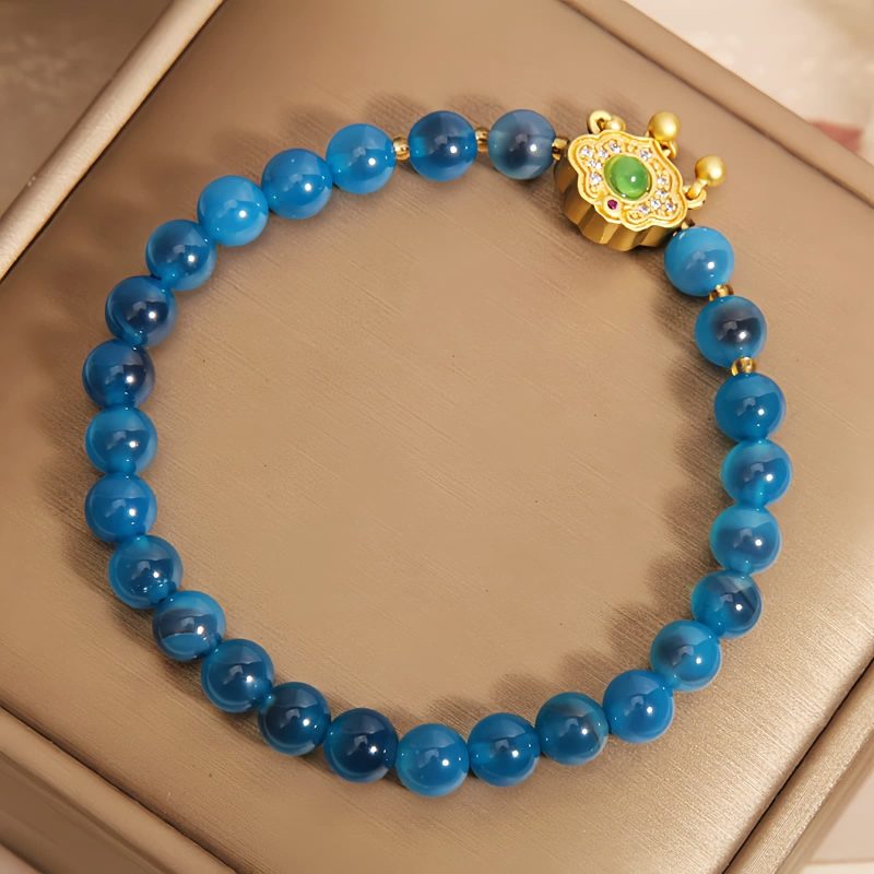 Pulsera de Ágata Azul Caramelo con Amuleto de Candado Chino Blue Candy Agate Chinese Lock Charm Bracelet