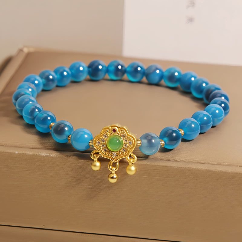 Pulsera de Ágata Azul Caramelo con Amuleto de Candado Chino Blue Candy Agate Chinese Lock Charm Bracelet