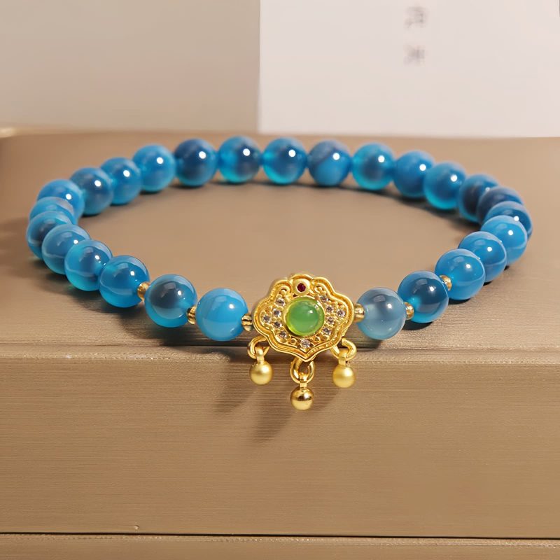 Pulsera de Ágata Azul Caramelo con Amuleto de Candado Chino Blue Candy Agate Chinese Lock Charm Bracelet