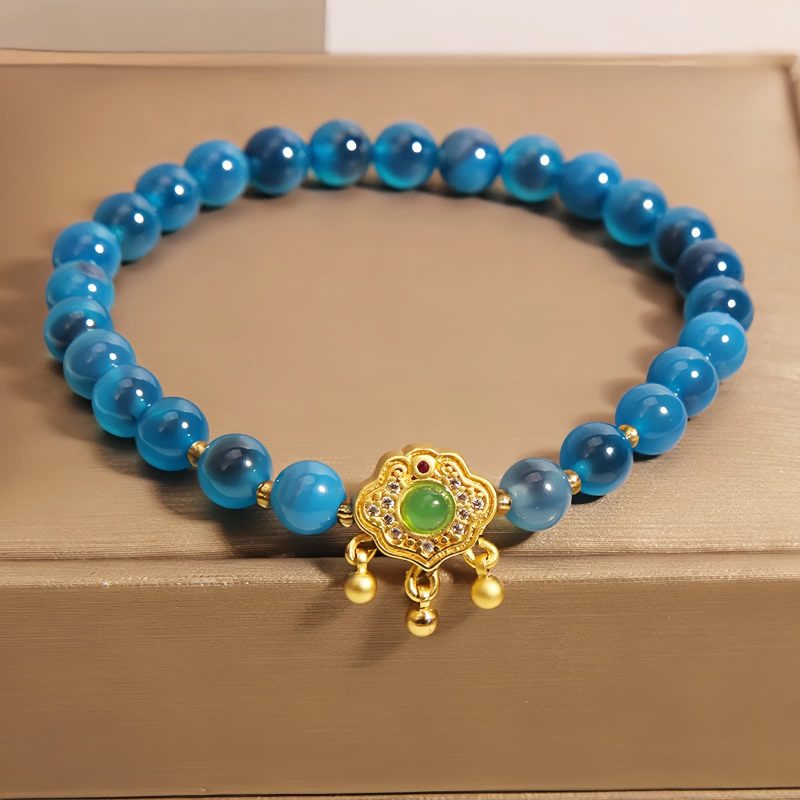 Pulsera de Ágata Azul Caramelo con Amuleto de Candado Chino Blue Candy Agate Chinese Lock Charm Bracelet