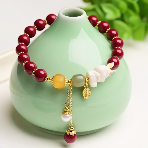 Pulsera de Bendición "Conejo" en Cinabrio y Jade Hetian Pulsera de Bendición "Conejo" en Cinabrio y Jade Hetian