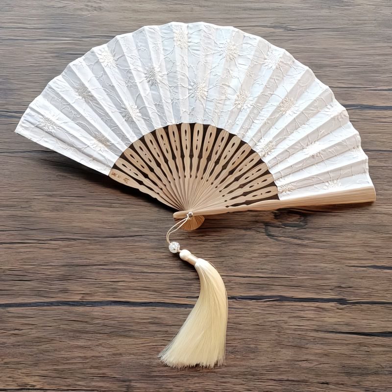 Embroidered Cotton Folding Fan with Bamboo Handle Embroidered Cotton Folding Fan with Bamboo Handle