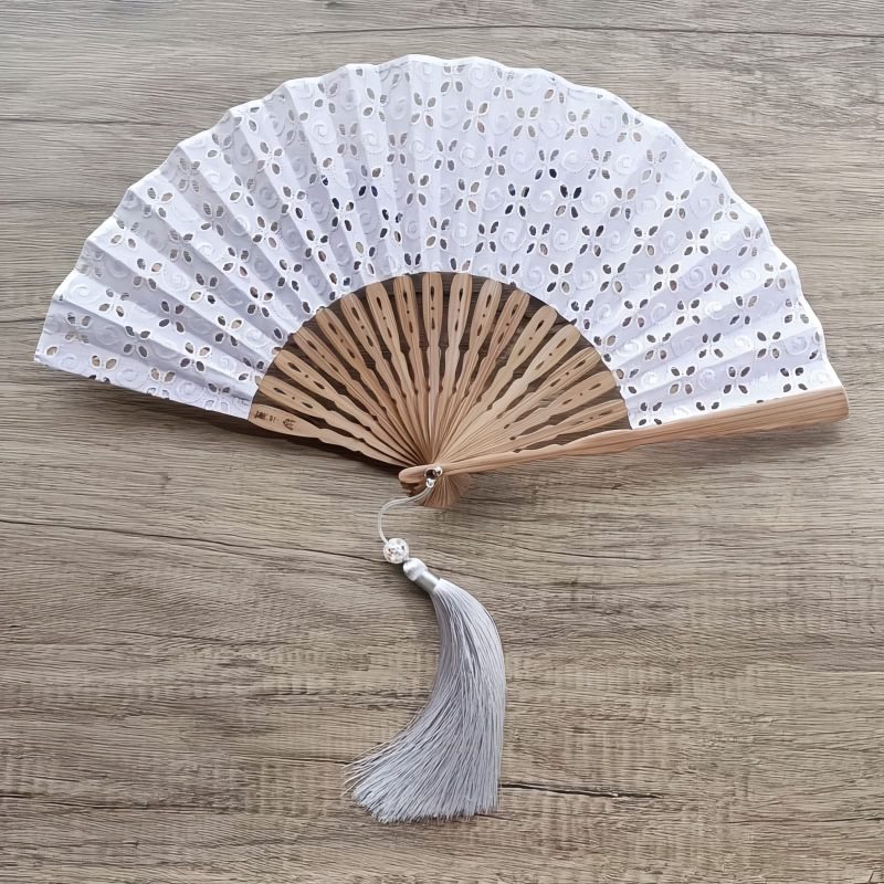 Embroidered Cotton Folding Fan with Bamboo Handle Embroidered Cotton Folding Fan with Bamboo Handle