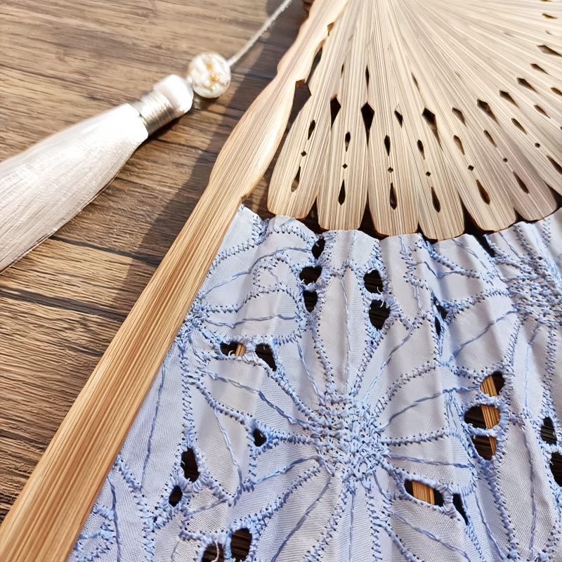 Embroidered Cotton Folding Fan with Bamboo Handle Embroidered Cotton Folding Fan with Bamboo Handle