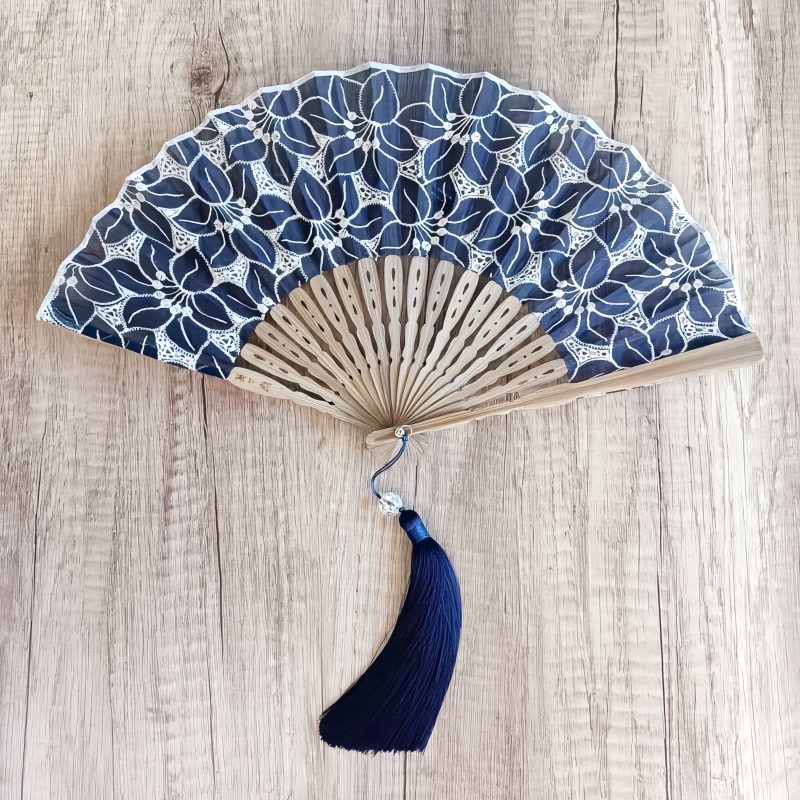 Embroidered Cotton Folding Fan with Bamboo Handle Embroidered Cotton Folding Fan with Bamboo Handle