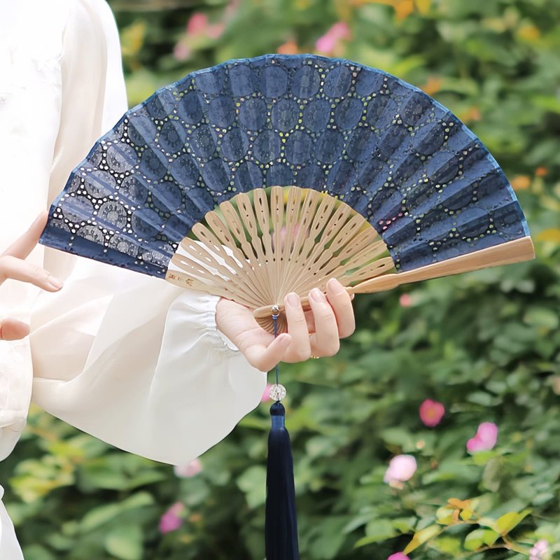 Embroidered Cotton Folding Fan with Bamboo Handle Embroidered Cotton Folding Fan with Bamboo Handle