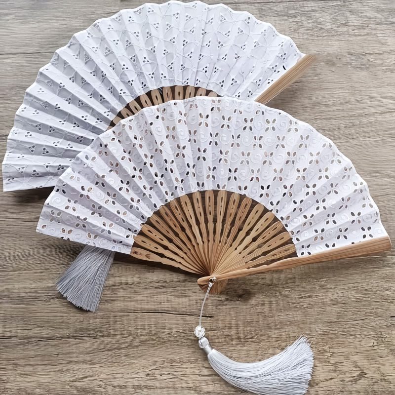 Embroidered Cotton Folding Fan with Bamboo Handle Embroidered Cotton Folding Fan with Bamboo Handle