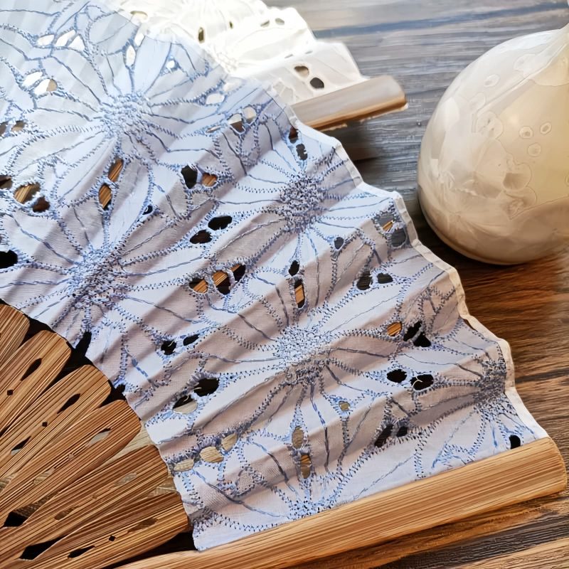 Embroidered Cotton Folding Fan with Bamboo Handle Embroidered Cotton Folding Fan with Bamboo Handle