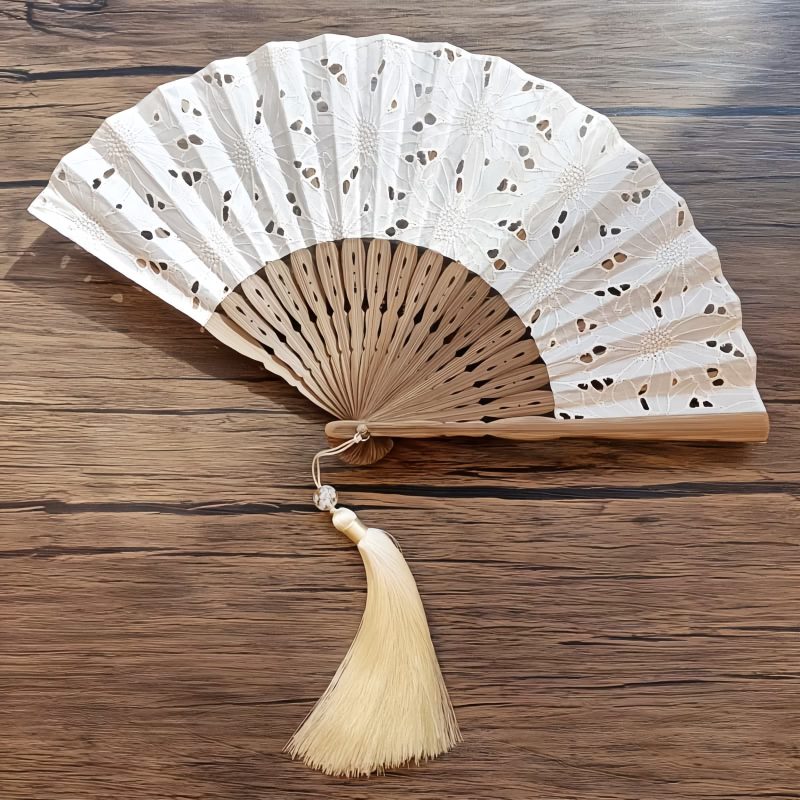 Embroidered Cotton Folding Fan with Bamboo Handle Embroidered Cotton Folding Fan with Bamboo Handle