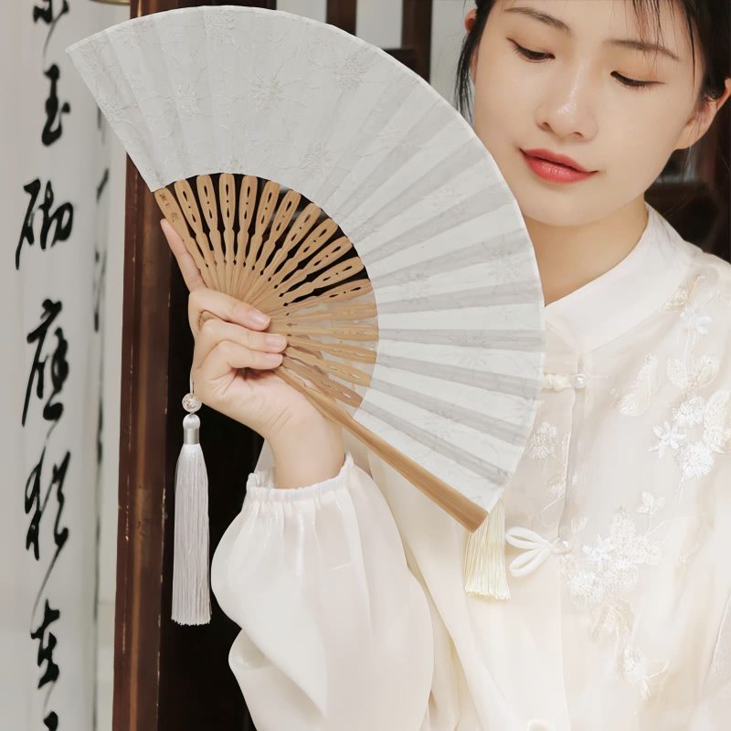 Embroidered Cotton Folding Fan with Bamboo Handle Embroidered Cotton Folding Fan with Bamboo Handle