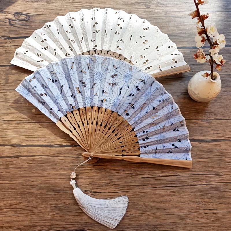 Embroidered Cotton Folding Fan with Bamboo Handle Embroidered Cotton Folding Fan with Bamboo Handle