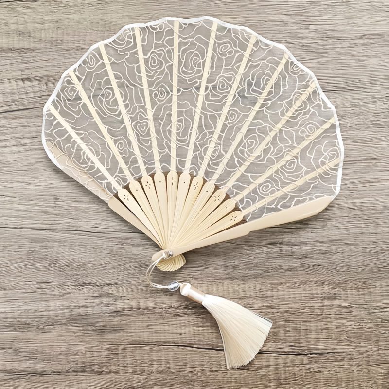 Rose Lace Bamboo Folding Fan with Tassels Rose Lace Bamboo Folding Fan with Tassels