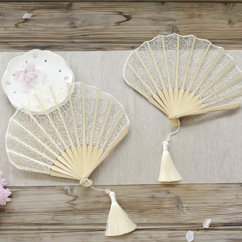 Rose Lace Bamboo Folding Fan with Tassels Rose Lace Bamboo Folding Fan with Tassels