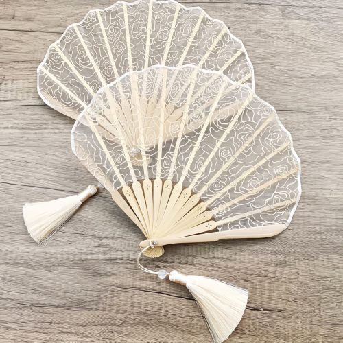 Abanico Plegable de Bambú y Encaje de Rosas con Borlas Abanico Plegable de Bambú y Encaje de Rosas con Borlas