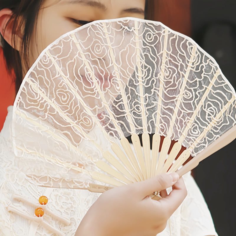 Rose Lace Bamboo Folding Fan with Tassels Rose Lace Bamboo Folding Fan with Tassels