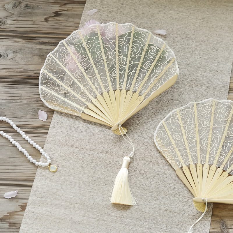 Rose Lace Bamboo Folding Fan with Tassels Rose Lace Bamboo Folding Fan with Tassels