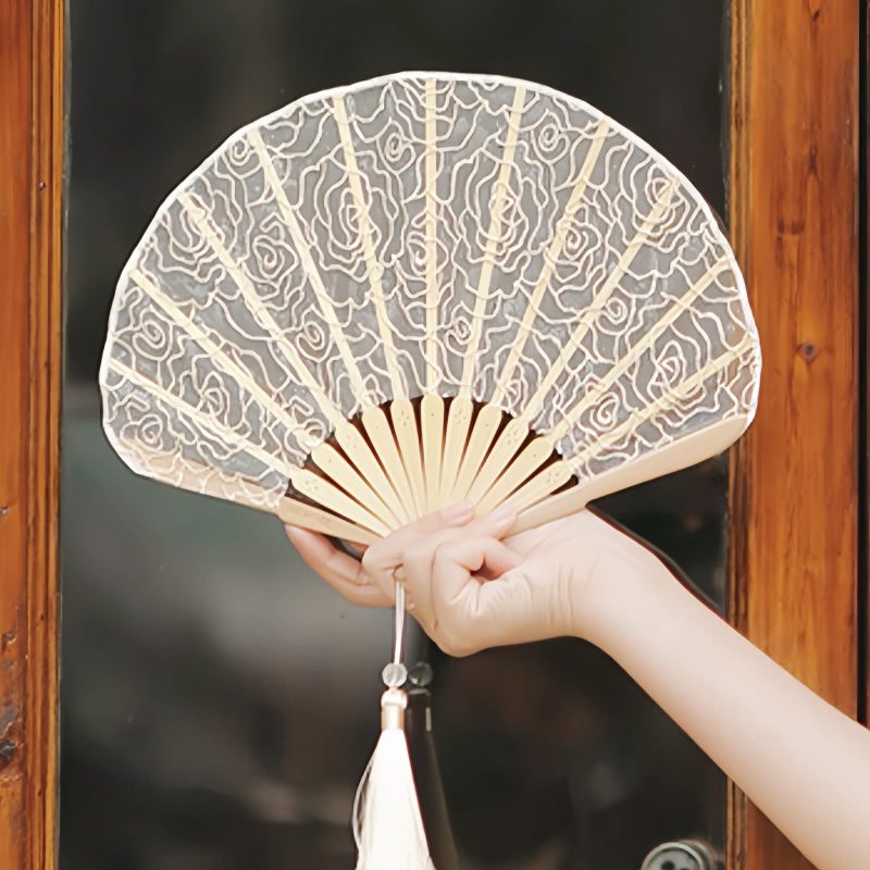 Rose Lace Bamboo Folding Fan with Tassels Rose Lace Bamboo Folding Fan with Tassels