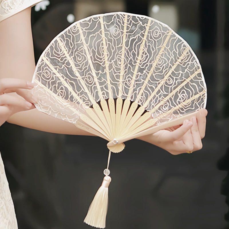 Rose Lace Bamboo Folding Fan with Tassels Rose Lace Bamboo Folding Fan with Tassels