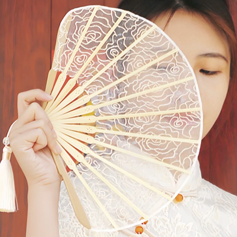 Rose Lace Bamboo Folding Fan with Tassels Rose Lace Bamboo Folding Fan with Tassels