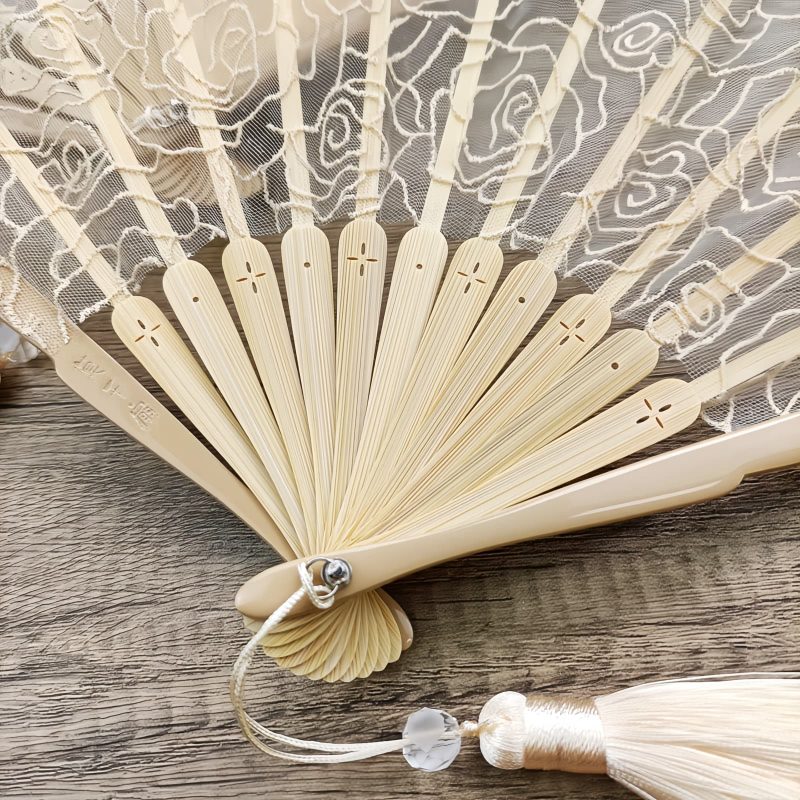 Rose Lace Bamboo Folding Fan with Tassels Rose Lace Bamboo Folding Fan with Tassels