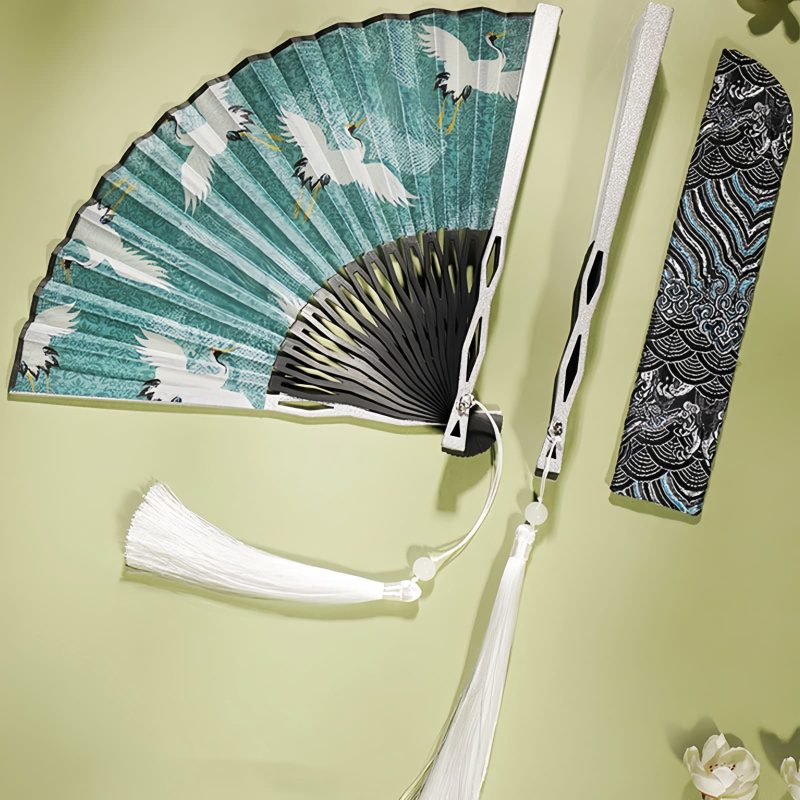 Silk Bamboo Folding Fan with Crane Pattern Silk Bamboo Folding Fan with Crane Pattern