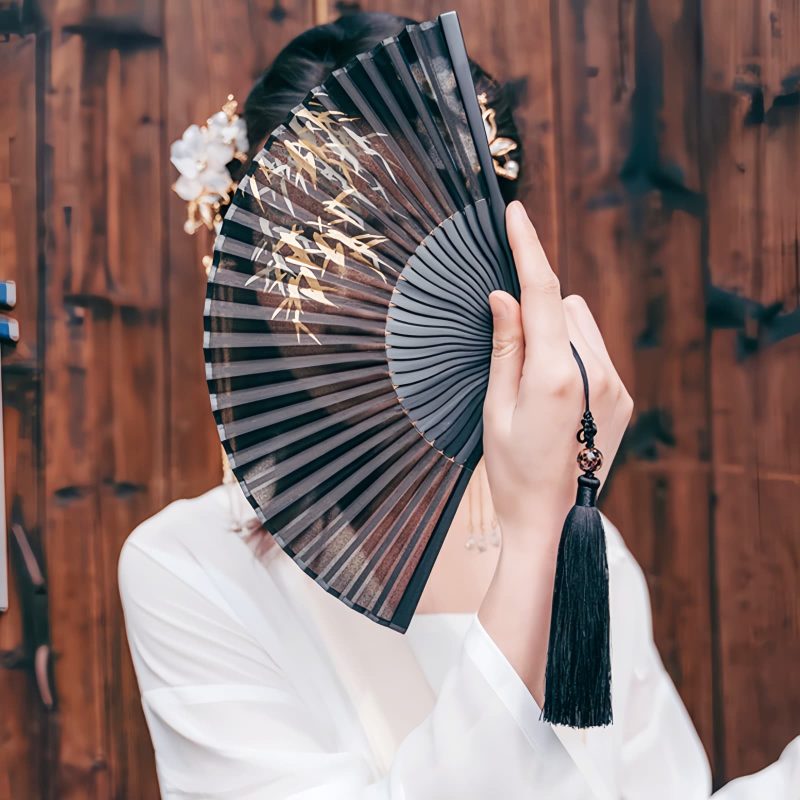 Silk Black Bamboo Leaf Folding Fan Silk Black Bamboo Leaf Folding Fan