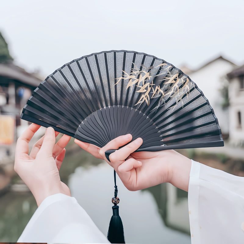 Silk Black Bamboo Leaf Folding Fan Silk Black Bamboo Leaf Folding Fan