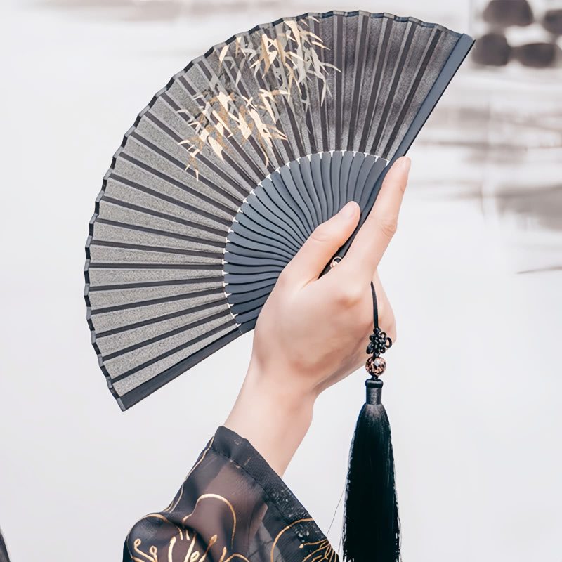 Silk Black Bamboo Leaf Folding Fan Silk Black Bamboo Leaf Folding Fan