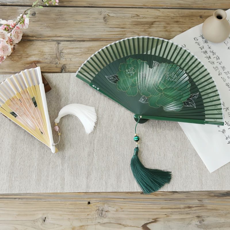 Silk Peony Folding Fan with Bamboo Frame Silk Peony Folding Fan with Bamboo Frame