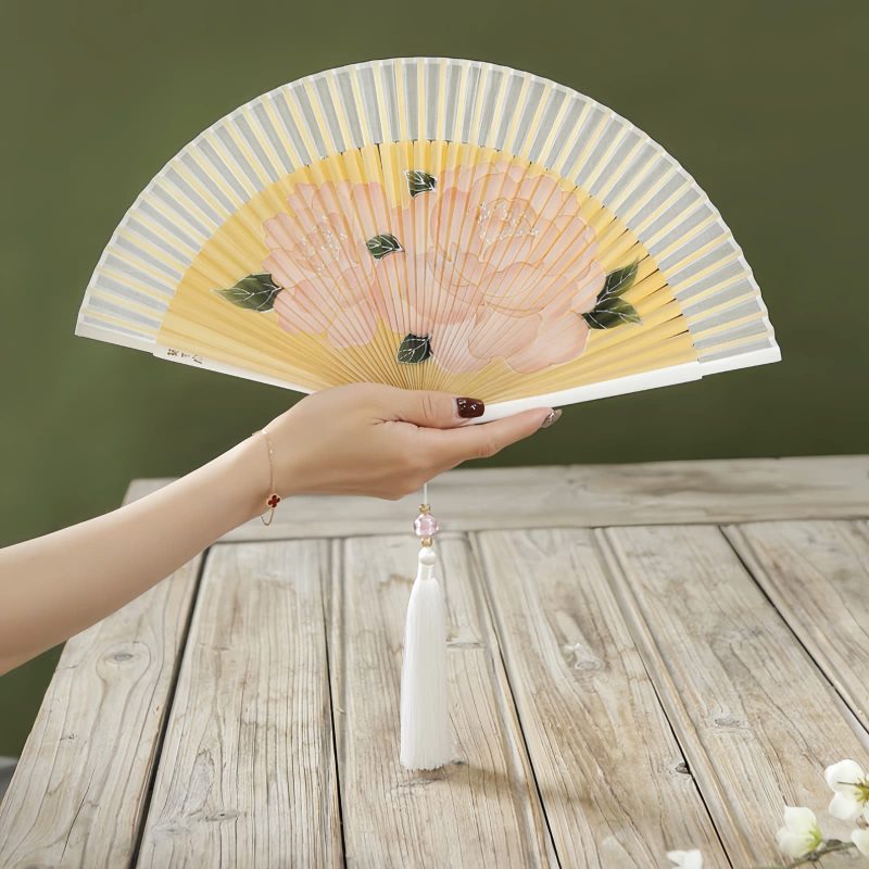 Silk Peony Folding Fan with Bamboo Frame Silk Peony Folding Fan with Bamboo Frame